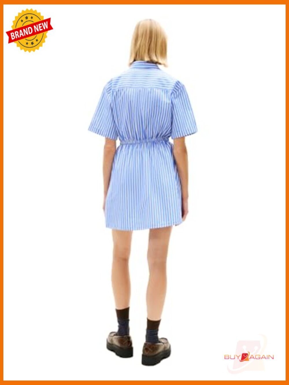 Mini Stripe Casual Shirt Dress A-line Cotton Poplin Blue - Picture 4 of 5